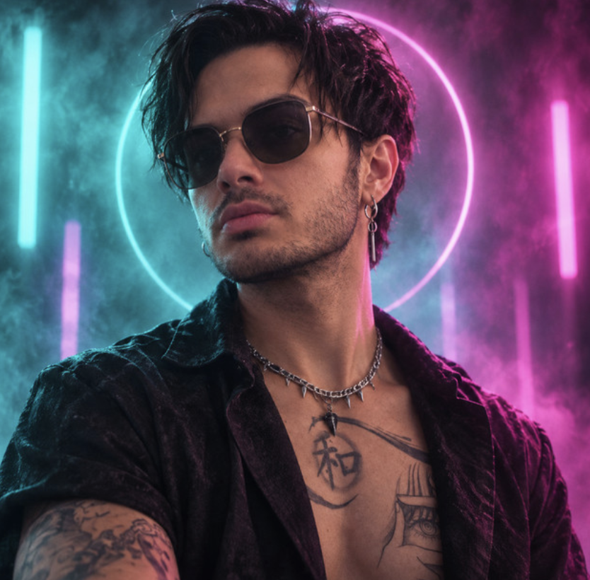 Shiga wearing sunglasses and a black shirt against cyan and magenta neon lights